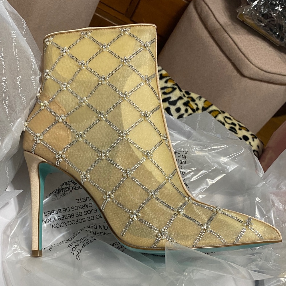 Elegant Nude Mesh Ankle Boots / Booties with Crystal and pearl Accents